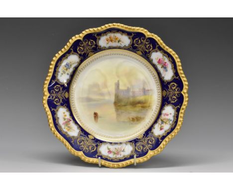A Royal Worcester shaped circular plate, painted by Jas Stinton, signed, with Blackness Castle, the rim with six shaped reser