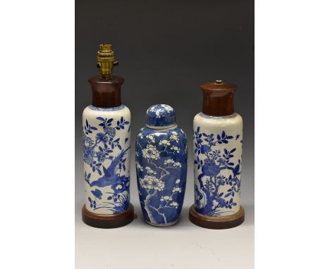 A Chinese blue and white slender ovoid vase, decorated with blossoming prunus branches, 28cm high, four character Kangxi mark