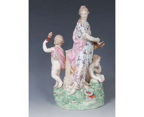 A Derby Patch Mark figure group, Allegorical of Music, modelled with a classical lady wearing flowing robes holding a lyre, a