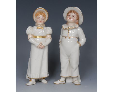 A pair of Royal Worcester figures,  after Kate Greenaway, Boy and Girl, he wearing a boater, his hands in his pockets, she we