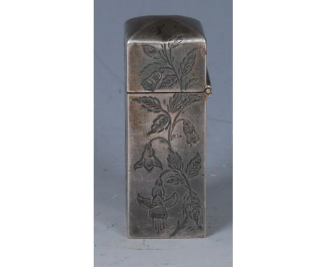 A Victorian Aesthetic Movement silver square scent bottle, engraved in the Japanesque taste with a bird amongst blossoming br