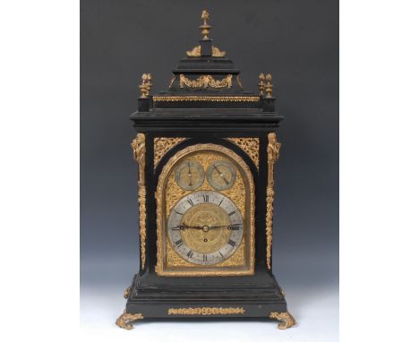 A large Victorian gilt metal mounted ebonised musical repeating bracket clock, in George II style, 19cm arched brass dial wit