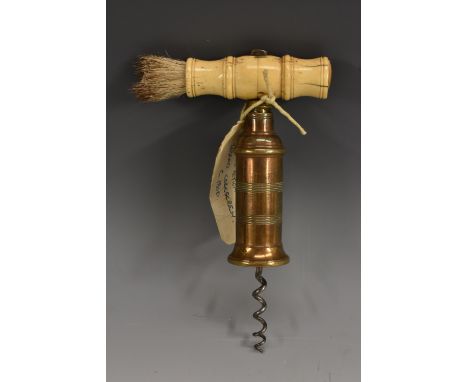 A 19th century Dowler Thomason type patent double-action corkscrew, turned bone handle with brush, steel worm, the brass barr