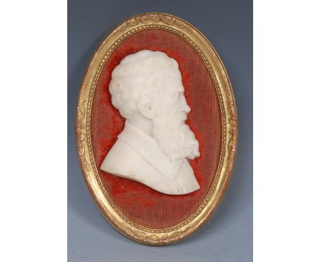 A 19th century Italian Grand Tour marble portrait profile, of Michelangelo, after Enea Vico, bust-length, red mount, oval gil