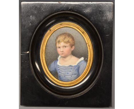 English School, 19th century portrait miniature, young boy wearing a blue smock, on ivory, oval, 7cm high, ebonised frame