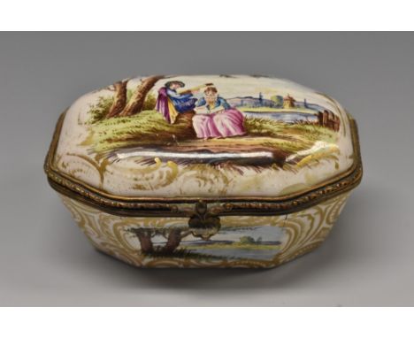 An 18th century canted rectangular enamel box, the cover decorated with landscape and courting couple, the sides with shaped 
