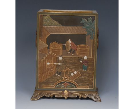 A Royal Worcester Japanesque slab vase, in relief with figures employed at a furnace, the verso with figures decorating porce