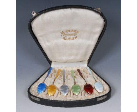 A set of six Continental Art Deco silver-gilt and enamel coffee spoons, each engine turned and brightly decorated, 830 standa