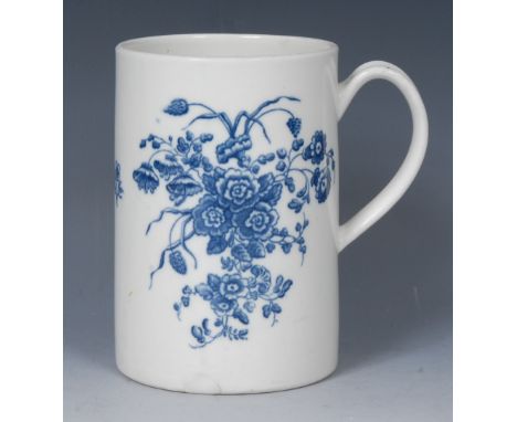 A Worcester Three Flowers pattern cylindrical mug, printed in underglaze blue with chrysanthemums, roses and other flowers, 1