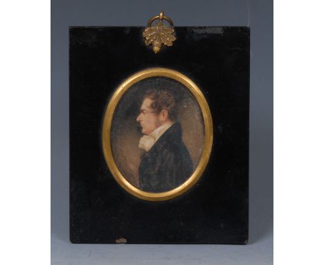 English School (early 19th century), portrait profile miniature, of a gentleman, bust-length, fully turned to dexter, curly b