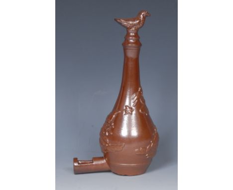 A 19th century Brampton brown salt glazed stoneware bird feeder, in relief fanciful birds, bird finial, 19cm high, c.1850