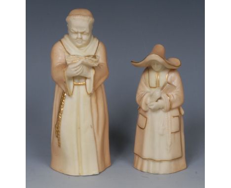 A Royal Worcester candle snuffer, as a Nun, she stands, holding a bible, rosary and keys, 9.5cm high, puce crown and circle m