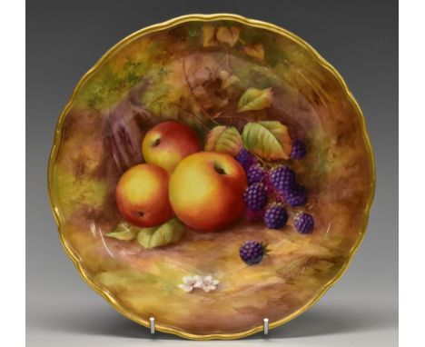 A Royal Worcester shaped circular plate, painted by Horace Price, signed, with apples and blackberries on a mossy ground, gil