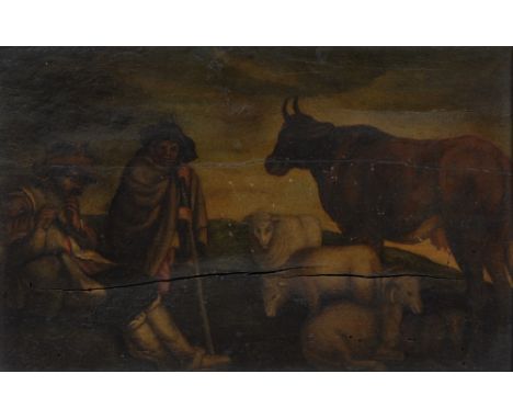 Italian School (late 17th/early 18th century) Lowland Scene, Shepherds repose with their sheep and cattle, one playing the pi