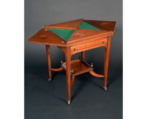 **CHECK RESERVE** An Edwardian mahogany envelope card table, four piece folding top enclosing a baize lined playing surface a