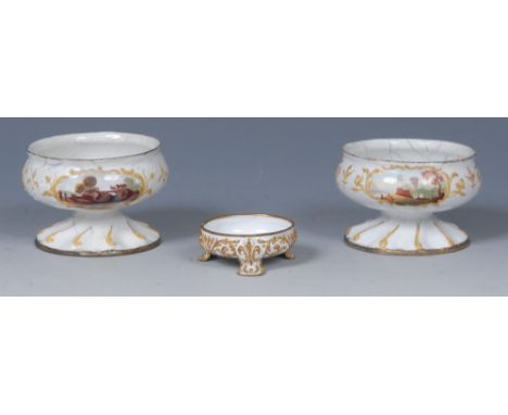 A pair of  South Staffordshire enamel  pedestal salts, enamelled with rural scenes within raised scroll cartouches, spiralled