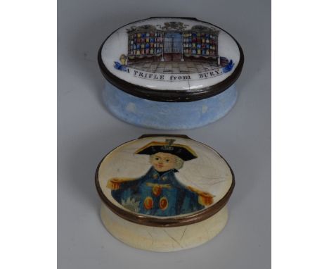 A South Staffordshire enamel oval patch box, the cover enamelled with shop front, inscribed Middleditch & Co, A Trrifle from 