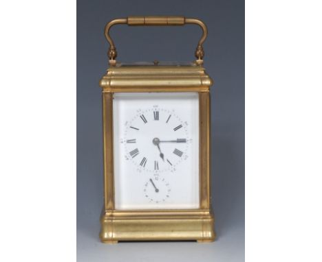 A late 19th century French gilt brass repeating carriage clock, 6cm enamel dial with a chapter of Roman and subsidiary Arabic