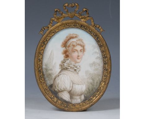 English School, 18th century,  a portrait miniature, of a lady, her hair in a band, wearing a white dress with ruff collar, s