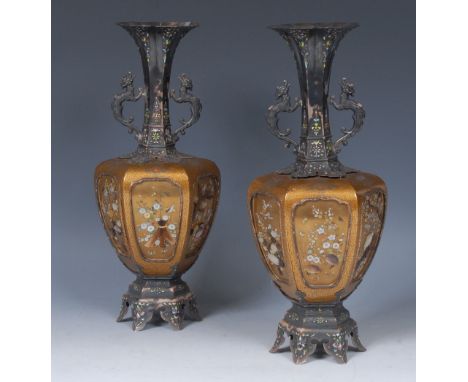 A pair of Japanese silver, lacquer, shibayama and enamel vases, each hexagonal body decorated with birds and blossoming branc