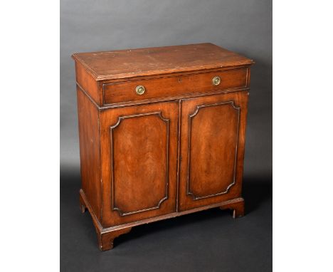 A 19th century mahogany side cabinet, rectangular moulded top above a frieze drawer and a pair of rectangular doors applied w