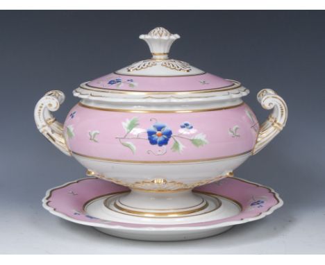 A Flight Barr and Barr two  handled tureen, cover and stand, decorated wit large blue flowers and foliage on a pink ground, g