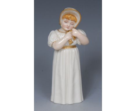 A Royal Worcester candle snuffer, Country Girl,  tying her bonnet , picked out in gilt, 13.5cm high, printed crown and circle