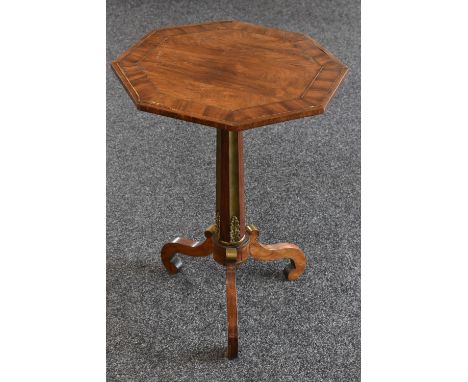 A post-Regency brass mounted rosewood tripod occasional table, octagonal crossbanded top outlined with brass stringing, flute