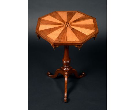 A Victorian rosewood, mahogany and sycamore tripod occasional table, octagonal top inlaid with radiating veneers centred by a