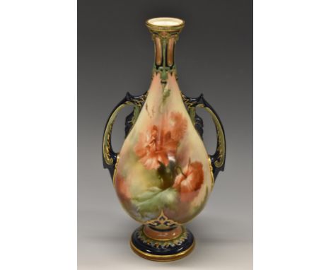 A James Hadley Worcester pedestal ovoid vase, printed and painted with poppies, to front and verso, leafy handles in olive an