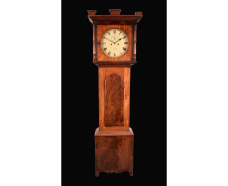 A George IV mahogany longcase clock, 35cm circular painted dial inscribed Clarke, Roman numerals, subsidiary seconds dial, tw