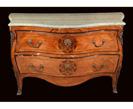An 18th century Italian gilt metal-mounted walnut and marquetry bombé-shaped commode, serpentine green marble top above two l