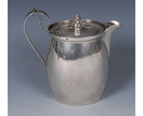 A 19th century French oval covered jug, pine cone finial, scroll handle, 11.5cm high, 11.5cm high, c.1860, 7oz
