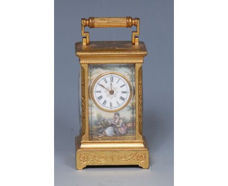 A late 19th/early 20th century miniature gilt metal and enamelled carriage clock, enamelled with courting couple, and rustic 
