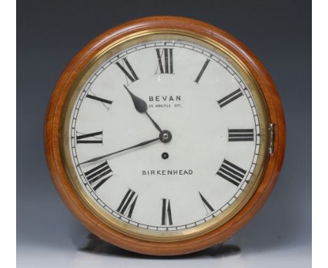 A Victorian mahogany circular wall clock, 30.5cm dial inscribed Bevan, 29 Argyle Street, Birkenhead, Roman numerals, single w