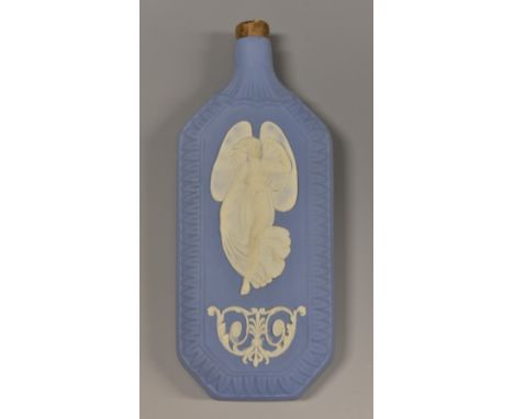 A Wedgwood canted rectangular scent flask, typically sprigged in white with angels, 9.5cm high, impressed marks,  early 20th 