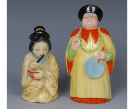 A Royal Worcester candle snuffer, Mandarin, with red and yellow robes, 9.25cm high, printed crown and circle mark in puce, da