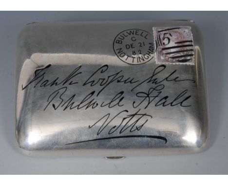 A Victorian silver and enamel novelty cigarette case, as an envelope, addressed and post marked for Bulwell, Nottingham, penn