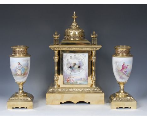 A 19th century French clock  garniture, the 10.5cm enamelled dial with Arabic numerals, painted by Lehauvre, signed, with fig