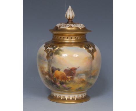 A Royal Worcester lobed ovoid pot pourri vase and cover, painted by Harry Stinton, signed, with Highland cattle, the neck in 