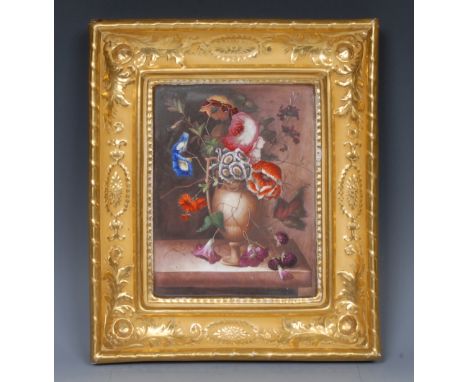 A Worcester rectangular plaque, with integral porcelain frame,  painted with a vase of flower, the reverse with paper label i