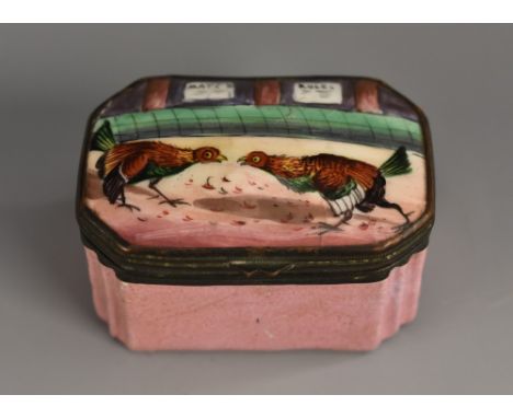 A 19th century Continental enamel canted rectangular snuff box, the hinged cover painted with a cockfight, pink base, 5cm wid