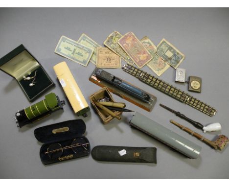 Vesta Case Matchbox Holder, Quantity of Notes, Train Engine and Carriage, Two Pairs Spectacles, Pens, etc