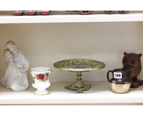 Mixed Lot including Doulton Lambeth Hunting Jug, Lladro Style Figure, Royal Albert, Carved Owl and a Tazza
