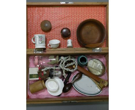 Wooden Havana Cigar Box with various small collectables including Cigar Cutter, Two Boxwood Patch Boxes and a Mother of Pearl