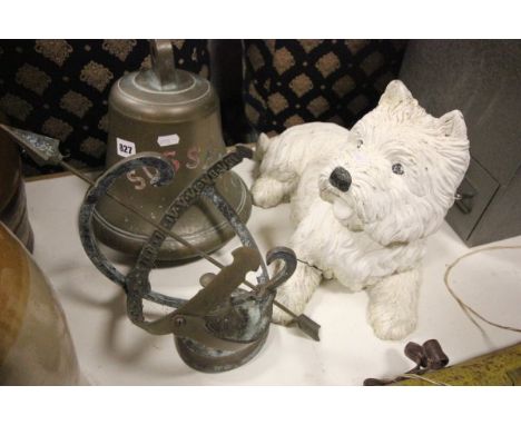 Large Brass Bell marked 'Sussex', Painted Reconstituted Stone West Highland White and a Metal Garden Sundial