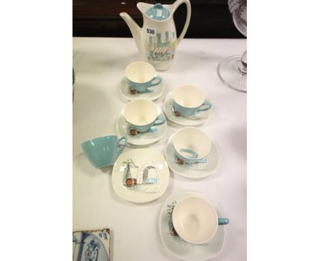 Midwinter 'Cannes' Coffee Set designed by Hugh Casson and comprising Coffee Pot and Six Cups and Saucers (one handle broken)