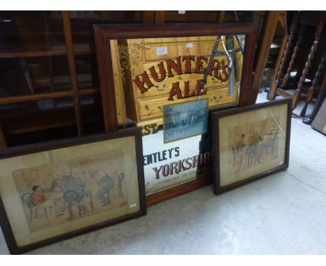 Hunter Ale Bentley;s Brewery Advertising Pub Mirror together with Pair of Humorous Pears Prints of Gentleman Playing Cards