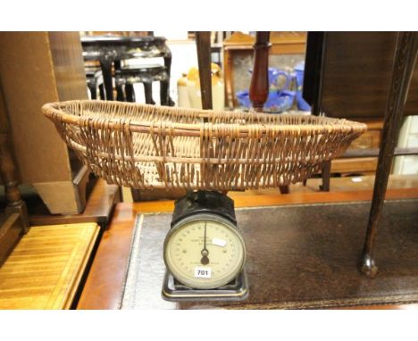 Vintage Set of Hughes Baby Scales, no. 48B with wicker basket pan