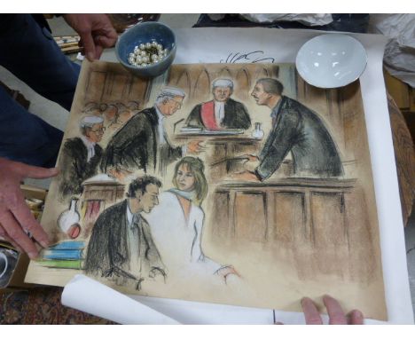 Original Pastel Drawing of a Court Room Scene featuring Jemima Khan together with a Motor Racing Print and Two History Channe